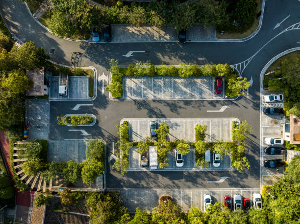 aerial view of the parking lot in the urban green belt