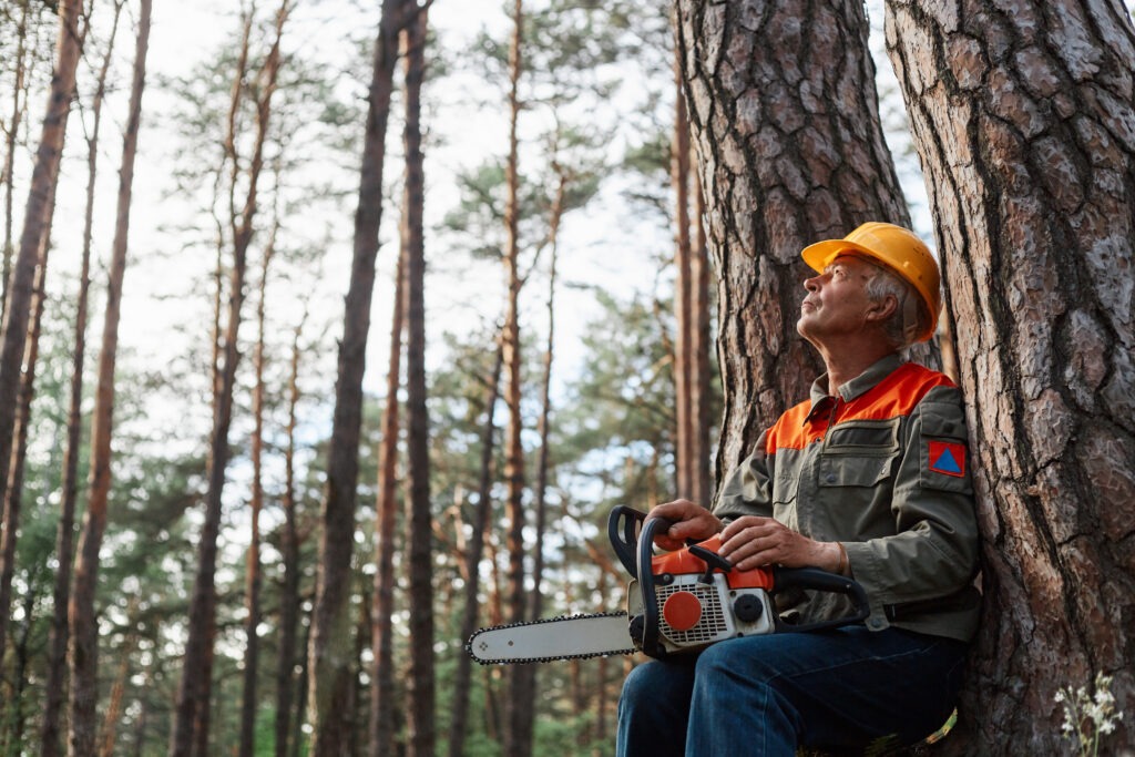outdoor shot of logger having rest in open air after cutting trees, sitting near tree with chainsaw and looking at beautiful nature, logging and deforestation.