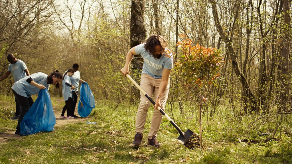 young man covering base and hole after planting small tree in the woods